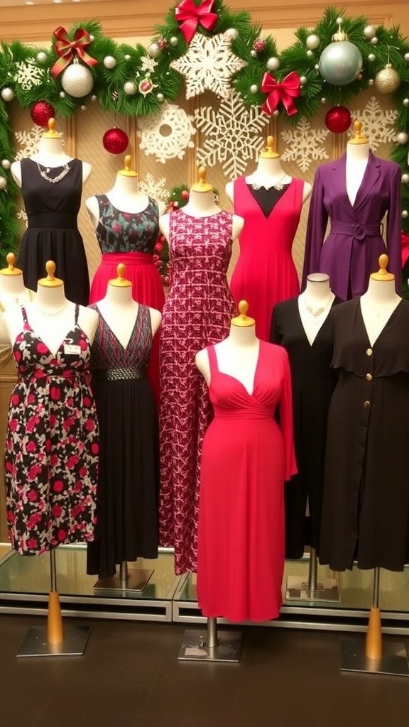 Stylish Christmas party outfits for plus-size individuals, including dresses and jumpsuits, displayed in a festive setting.